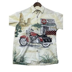 Vtg Harley Davidson Desert Diner Motorcycle Hawaiian Button Down Shirt Medium